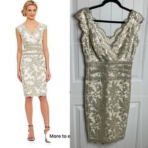Tadashi‎ Shoji floral lace gold feather paillette embroidered sequin party dress